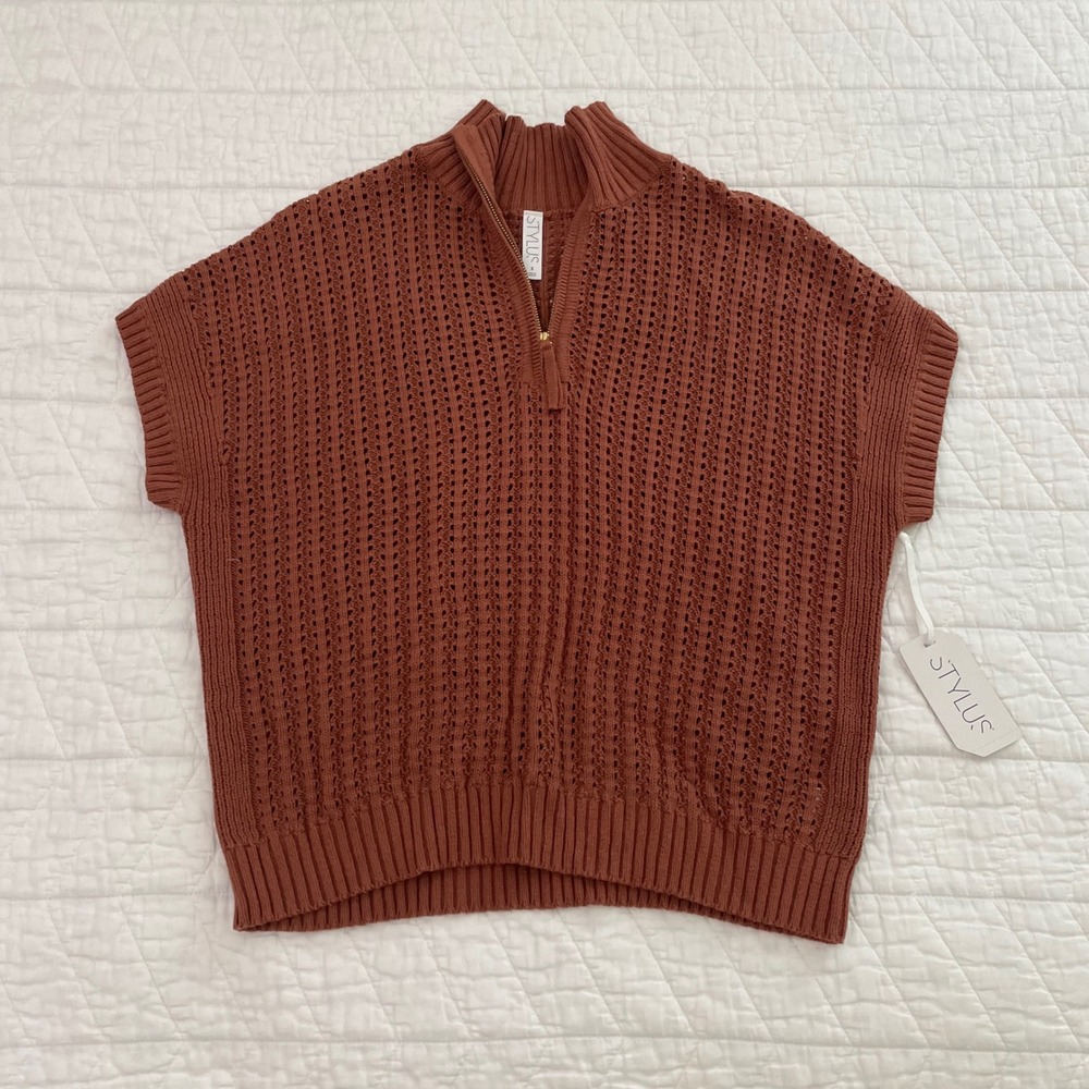 Stylus Women Copper Spice Pointelle Quarter Zip Short Sleeve Sweater Top Small